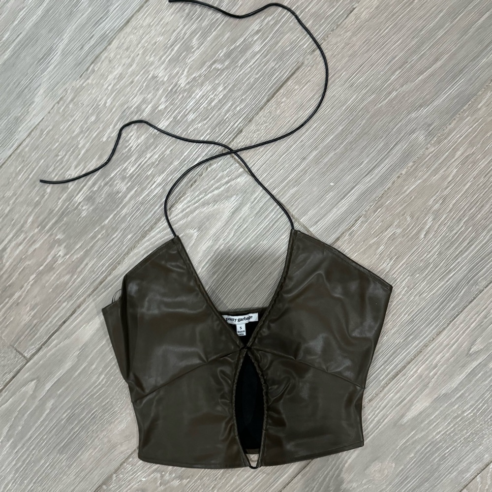 Dark Green Olive Pretty Garbage Faux Leather cutout tie top